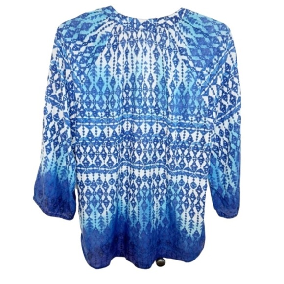 BeachLunchLounge Blue/White Boho Ikat Blouse Peasant Beachy Lightweight Medium - Picture 2 of 13